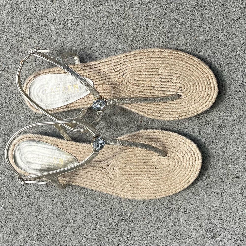 Ralph Lauren Flat Gold Espadrille Sandals. T-Strap with gemstone detail.